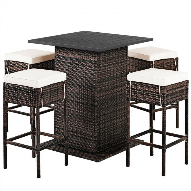 5 Piece Outdoor Rattan Conversation Bistro Set Patio Bar Furniture Set with 4 Cushions Stools and Smooth Top Table