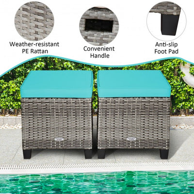 2 Pieces Patio Rattan Ottomans Seat Outdoor Footstool Footrest with Removable Cushions