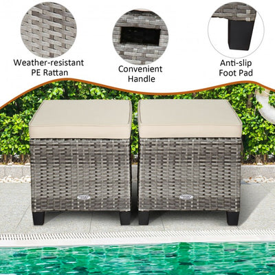 2 Pieces Patio Rattan Ottomans Seat Outdoor Footstool Footrest with Removable Cushions