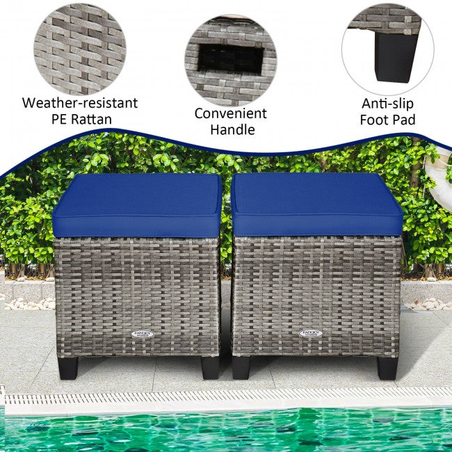 2 Pieces Patio Rattan Ottomans Seat Outdoor Footstool Footrest with Removable Cushions