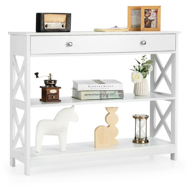 3-Tier Side Console Table Entryway Table Narrow Accent Table with Drawer and Storage Shelves