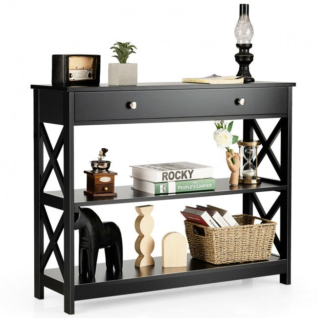 3-Tier Side Console Table Entryway Table Narrow Accent Table with Drawer and Storage Shelves