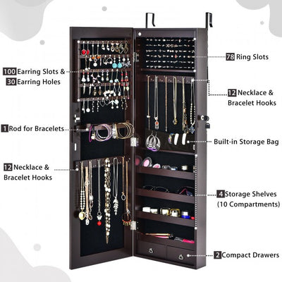 6 LEDs Mirror Jewelry Cabinet Full Screen Display Armoire Organizer with 2 Drawers