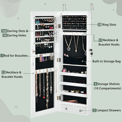 6 LEDs Mirror Jewelry Cabinet Full Screen Display Armoire Organizer with 2 Drawers