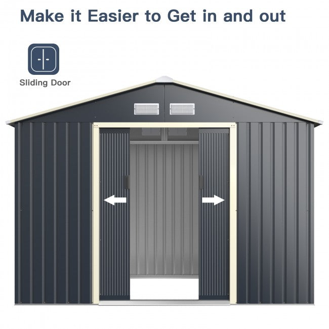 9 x 6 FT Outdoor Metal Storage Shed Organizer Patio Garden Steel Tool House with 2 Sliding Doors and 4 Vents