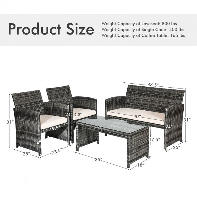 4 Pieces Patio Rattan Furniture Set Outdoor Wicker loveseat with Soft Cushion and Glass Table