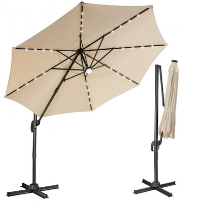 10ft Patio Cantilever Umbrella Outdoor Hanging Offset Umbrella with Solar LED Lights and 360-Degree Rotation