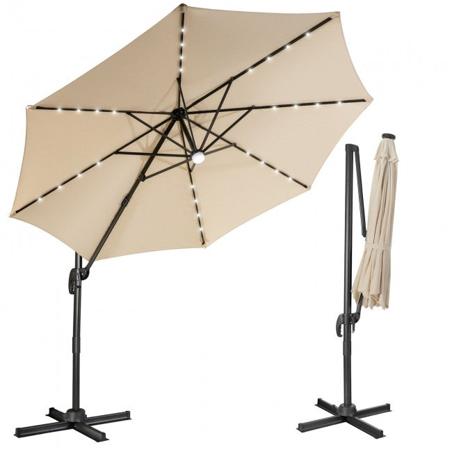 10ft Patio Cantilever Umbrella Outdoor Hanging Offset Umbrella with Solar LED Lights and 360-Degree Rotation