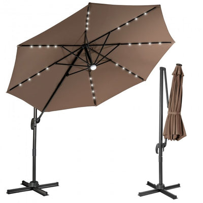 10ft Patio Cantilever Umbrella Outdoor Hanging Offset Umbrella with Solar LED Lights and 360-Degree Rotation