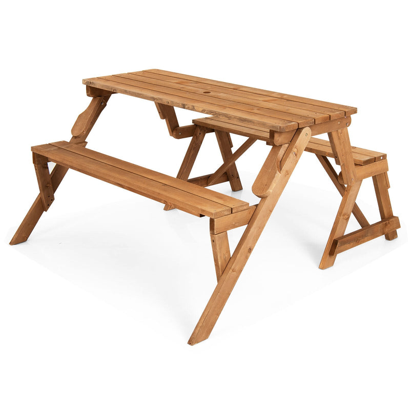 2-in-1 Transforming Interchangeable Wooden Picnic Table Bench with Umbrella Hole