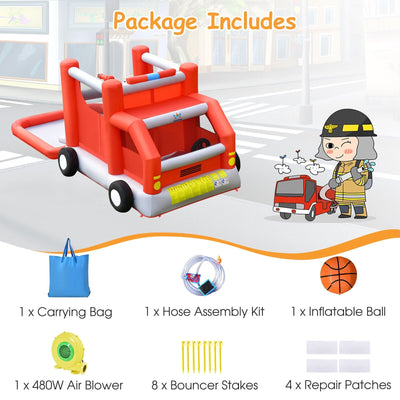 Fire Truck Themed Inflatable Castle Water Park Kids Bounce House w/ 480W Blower
