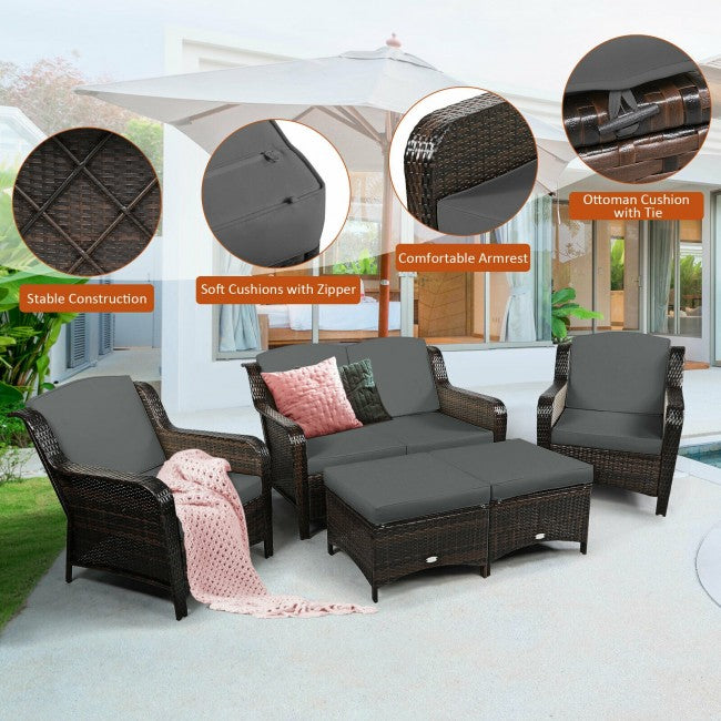 5 Pieces Patio Rattan Sofa Set outdoor conversation set with Cushion and Ottoman