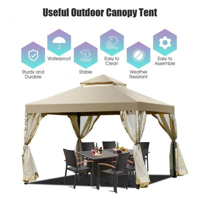 10’ x 10’ Outdoor Garden Gazebo Canopy Patio Screw-free Structure Shelter Tent with 2-Tier Roof and Mosquito Netting