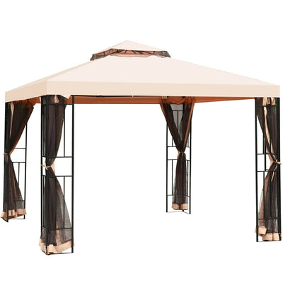 10'x10' Outdoor Metal Gazebo Patio Canopy Shelter Garden Pavilion with 2-Tier Roof and Mosquito Netting for Backyard