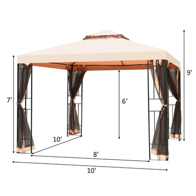 10'x10' Outdoor Metal Gazebo Patio Canopy Shelter Garden Pavilion with 2-Tier Roof and Mosquito Netting for Backyard