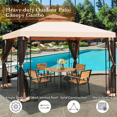 10'x10' Outdoor Metal Gazebo Patio Canopy Shelter Garden Pavilion with 2-Tier Roof and Mosquito Netting for Backyard