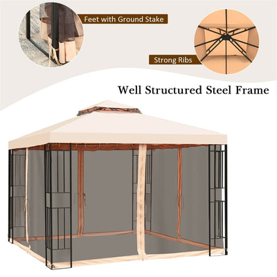 10'x10' Outdoor Metal Gazebo Patio Canopy Shelter Garden Pavilion with 2-Tier Roof and Mosquito Netting for Backyard