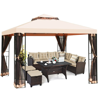 10'x10' Outdoor Metal Gazebo Patio Canopy Shelter Garden Pavilion with 2-Tier Roof and Mosquito Netting for Backyard