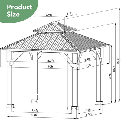 10' X 10' Outdoor Hardtop Gazebo Patio Galvanized Steel Canopy Pavilion with 2-Tier Metal Roof