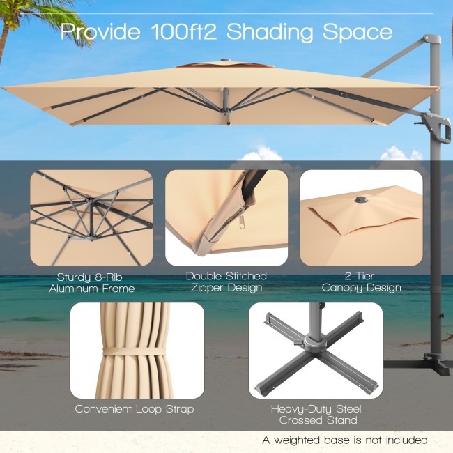 10 x 10Ft Outdoor Hanging Umbrella Patio Offset Umbrella with 360-Degree Rotation