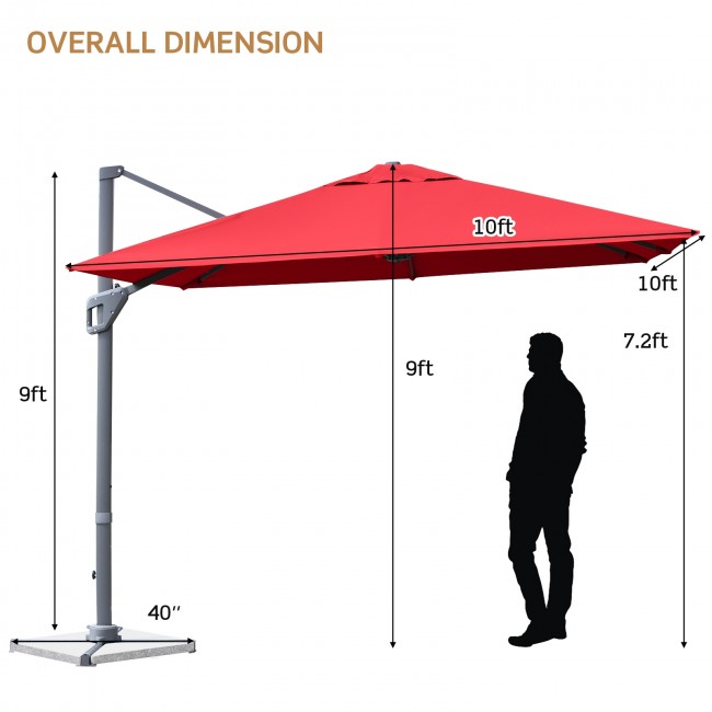 10 x 10Ft Outdoor Hanging Umbrella Patio Offset Umbrella with 360-Degree Rotation