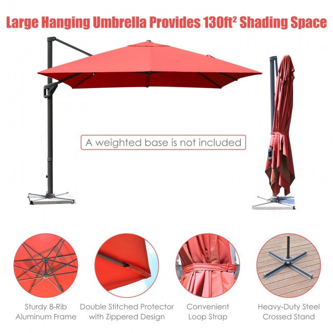 10x13ft Patio Rectangular Cantilever Offset Umbrella with 360° Rotation Function and 4 Tilt Settings