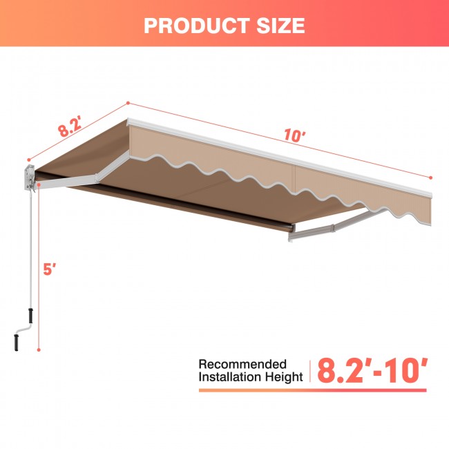 10 x 8.2 Ft Patio Retractable Aluminum Sun Shade Awning with Easy Opening Manual Crank Handle