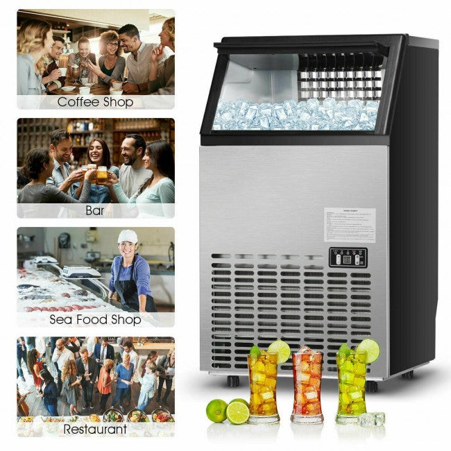 110LBS/24H Free-Standing Commercial Ice Maker Portable Built-In Stainless Steel Ice Machine with 33LBS Storage Capacity