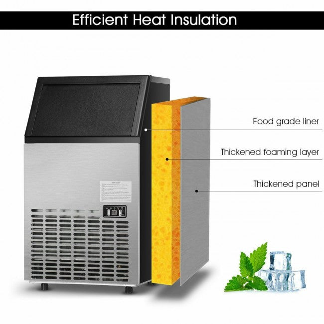 110LBS/24H Free-Standing Commercial Ice Maker Portable Built-In Stainless Steel Ice Machine with 33LBS Storage Capacity