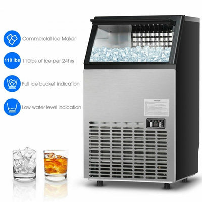 110LBS/24H Free-Standing Commercial Ice Maker Portable Built-In Stainless Steel Ice Machine with 33LBS Storage Capacity