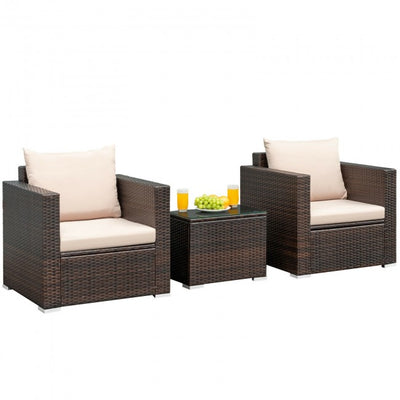 3 Pieces Patio Rattan Furniture Set Conversation Sofa Set with Cushion