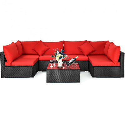 7 Pieces Outdoor Patio Rattan Furniture Set Wicker Sofa Sectional Conversation Set with Cushions and Tempered Glass Tea Table