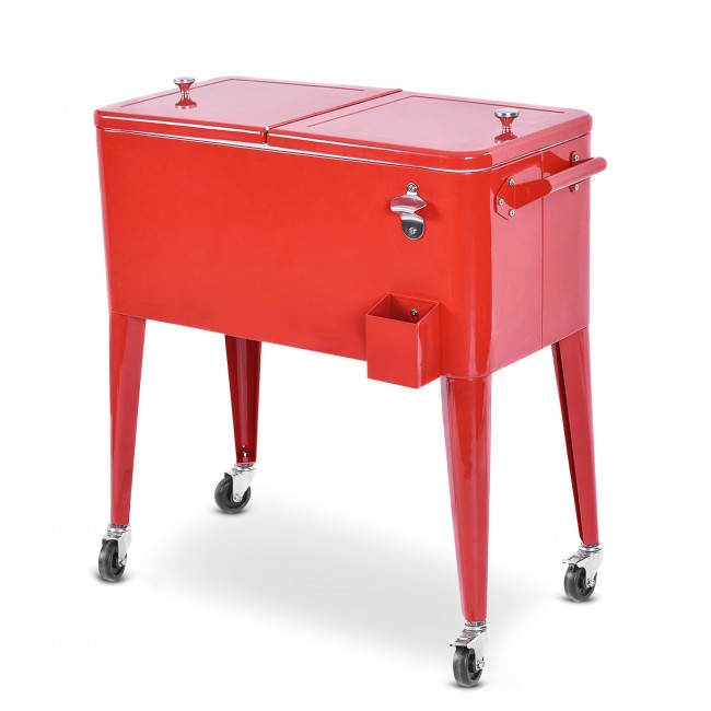 80 Quart Outdoor Steel Rolling Cooler Cart Portable Patio Beverage Bar Trolley Ice Chest with Locking Wheels and Bottle Opener