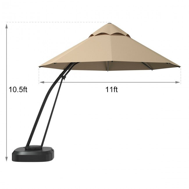 11 FT Outdoor Patio Cantilever Offset Hanging Umbrella with Wheels  and Base