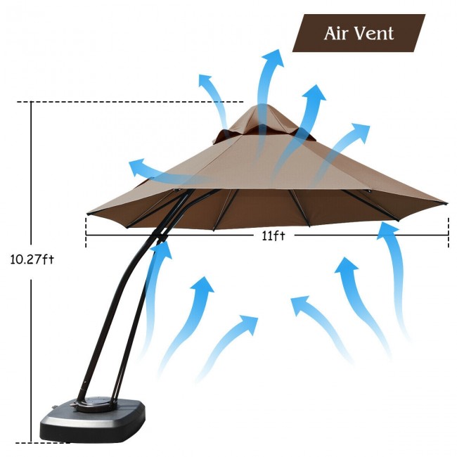 11 FT Outdoor Patio Cantilever Offset Hanging Umbrella with Wheels  and Base