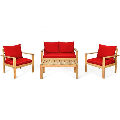 Outdoor 4 Pieces Acacia Wood Loveseat Chat Set Patio Furniture Conversation Sofa Set with Cushion and Coffee Table