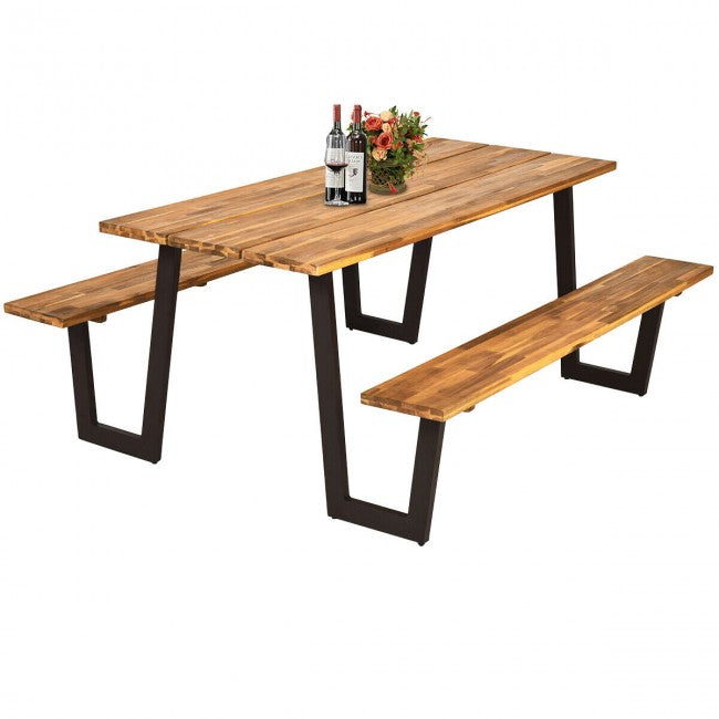 70 Inch Outdoor Dining Table Set Picnic Table Bench Set with Umbrella Hole and Metal Frame