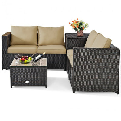 4 Pieces Outdoor Rattan Furniture Set Patio Wicker Conversation Sofa Set with Cushion and Table