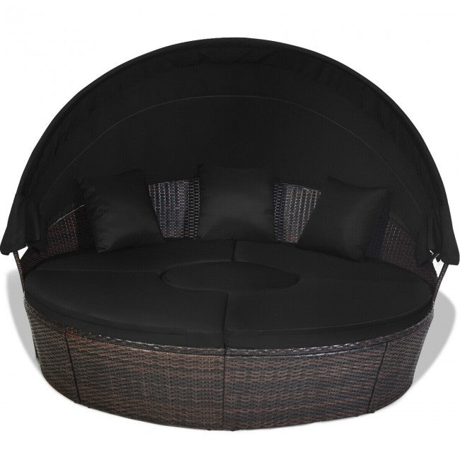 Outdoor Wicker Furniture Sets Patio Round Rattan Daybed With Retractable Canopy