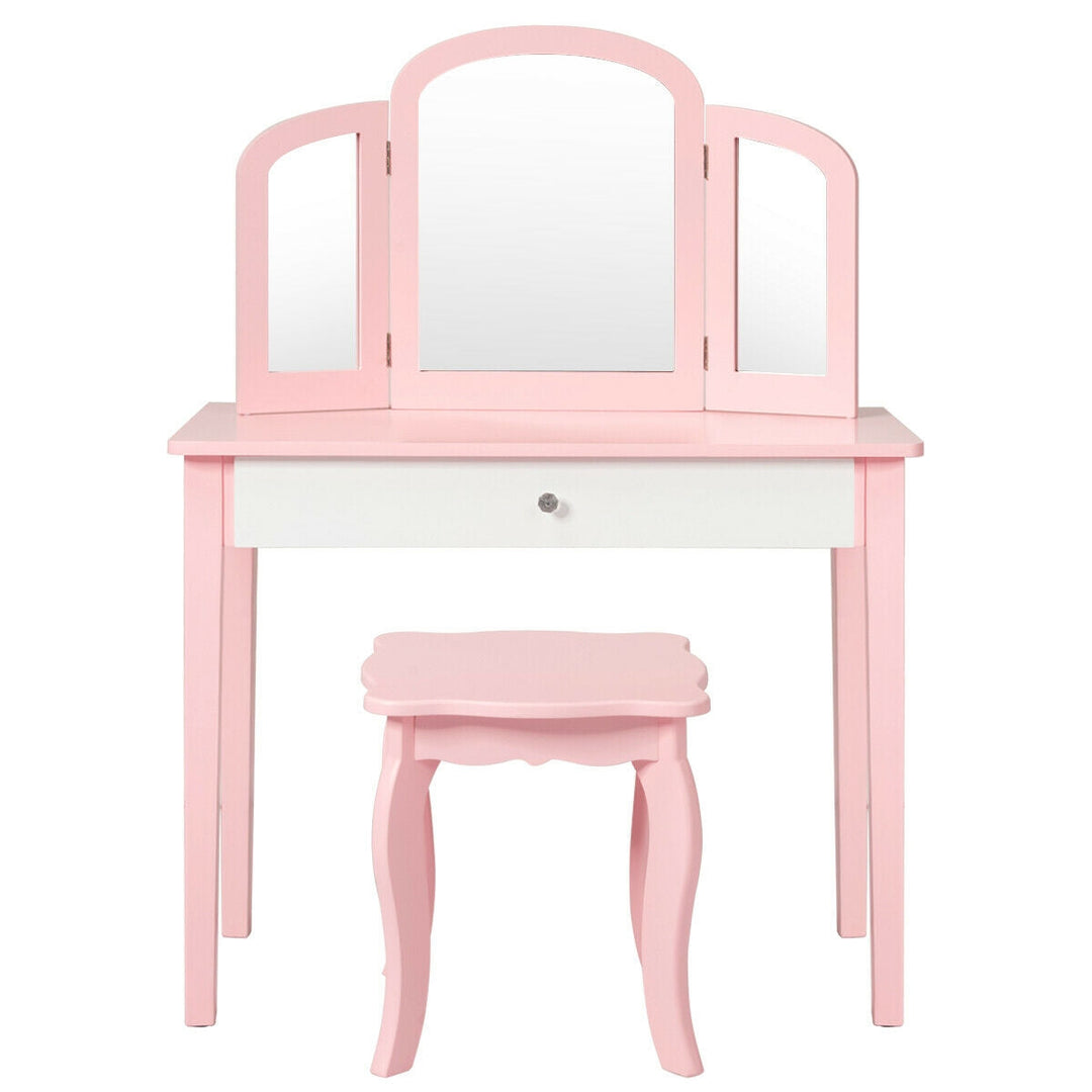 Kids Princess Make Up Dressing Table with Tri-folding Mirror and Chair