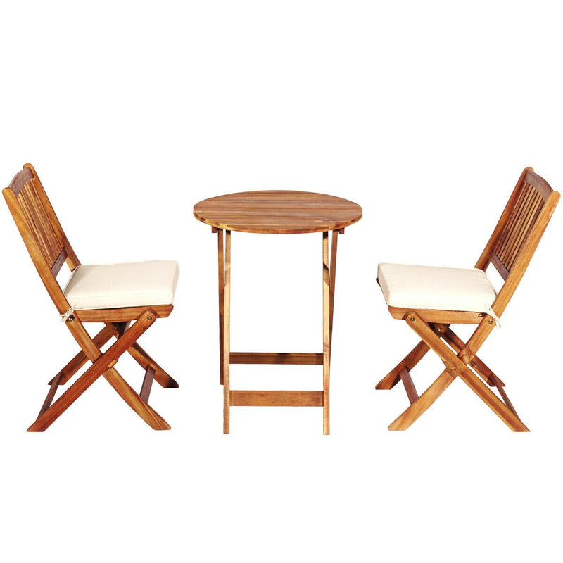 3 Pieces Patio Folding Wooden Bistro Set Cushioned Chair