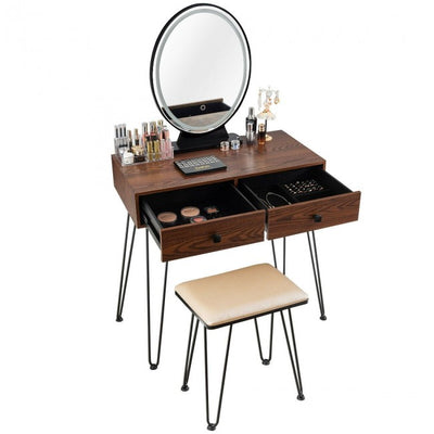 Vanity Table Set Makeup Dressing Desk with Touch Screen Adjustable Brightness Mirror and Cushioned Stool