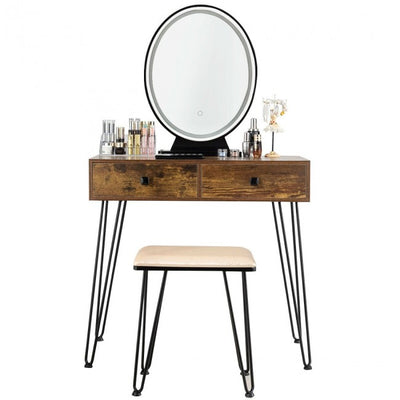 Vanity Table Set Makeup Dressing Desk with Touch Screen Adjustable Brightness Mirror and Cushioned Stool