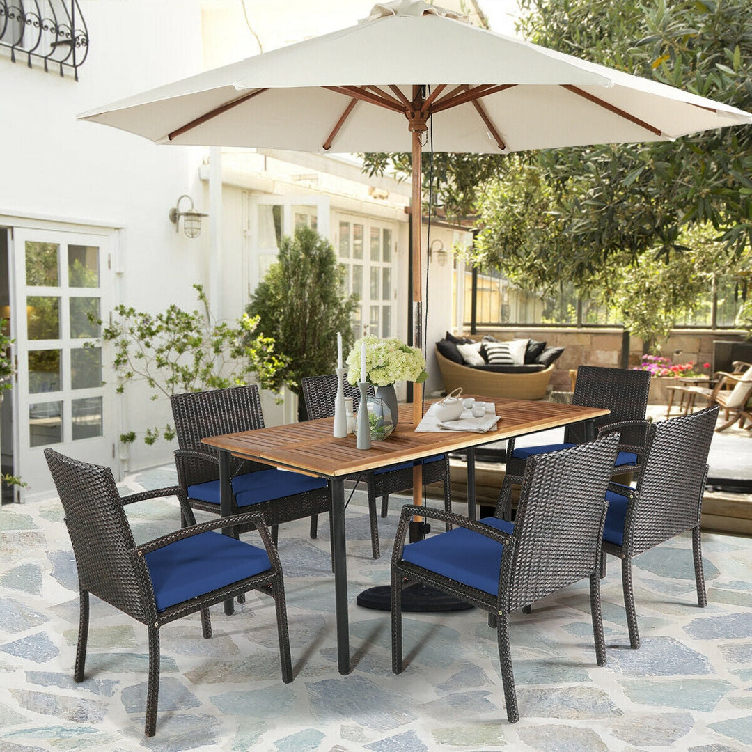 7 Pieces Patio Rattan Cushioned Dining Set with Umbrella Hole