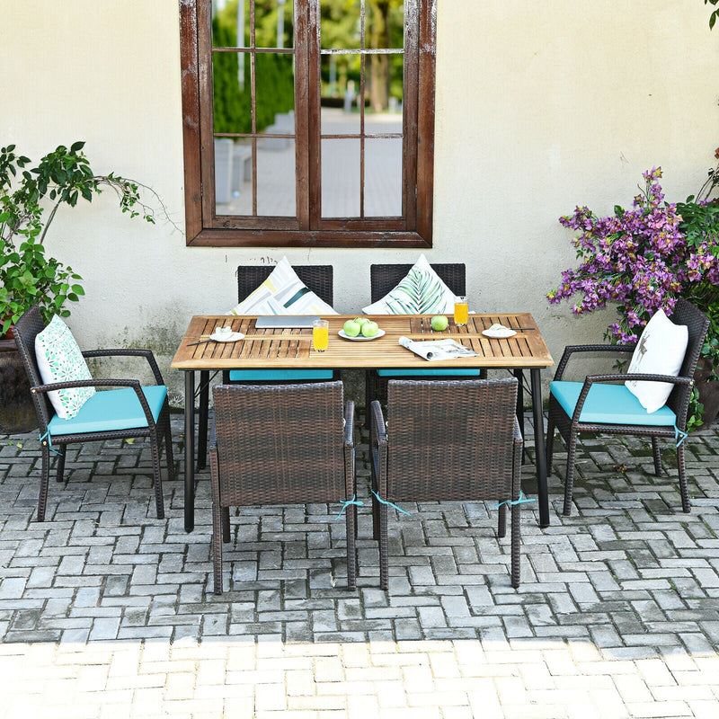 7 Pieces Patio Rattan Cushioned Dining Set with Umbrella Hole