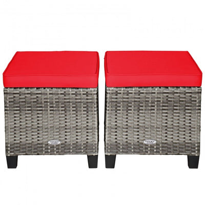 2 Pieces Patio Rattan Ottomans Seat Outdoor Footstool Footrest with Removable Cushions