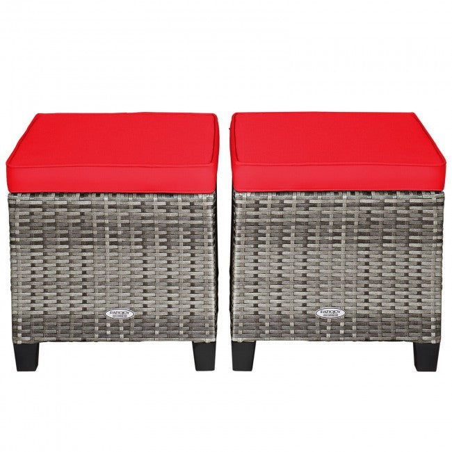 2 Pieces Patio Rattan Ottomans Seat Outdoor Footstool Footrest with Removable Cushions