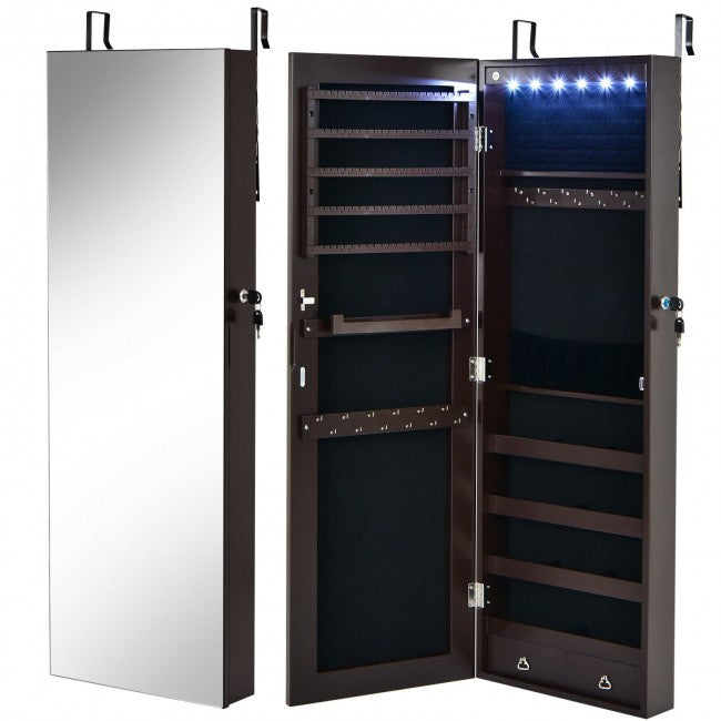 6 LEDs Mirror Jewelry Cabinet Full Screen Display Armoire Organizer with 2 Drawers