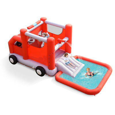 Fire Truck Themed Inflatable Castle Water Park Kids Bounce House w/ 480W Blower