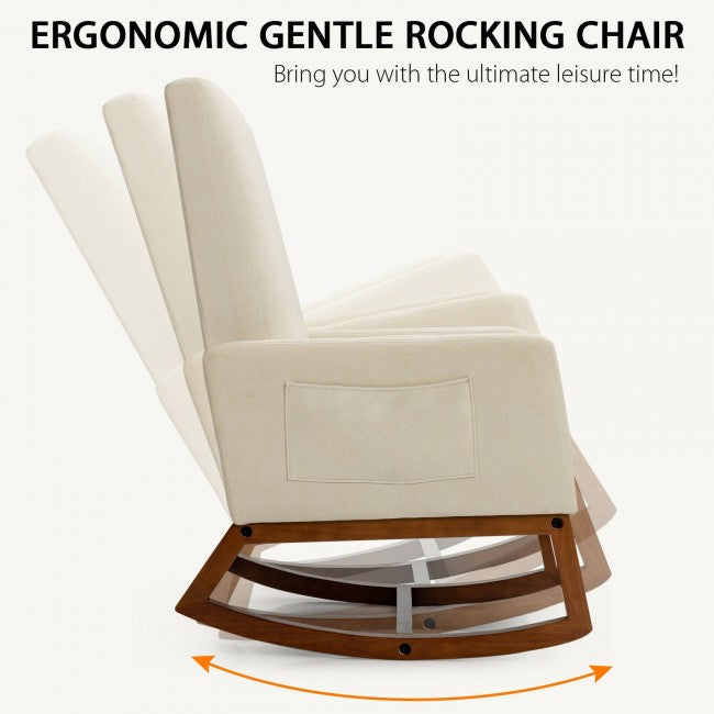 Modern Upholstered Rocking Chair High Back Lounge Armchair with Side Pocket and Fabric Padded Seat